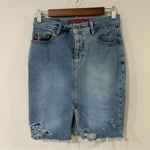 Vintage Guess Y2K Denim Jean Mini Distressed Stretch Skirt Women’s Size 28”